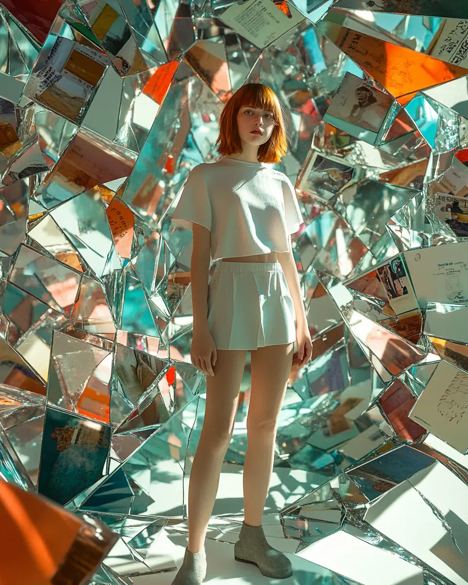 Thoughtful young woman amid geometric mirror collage