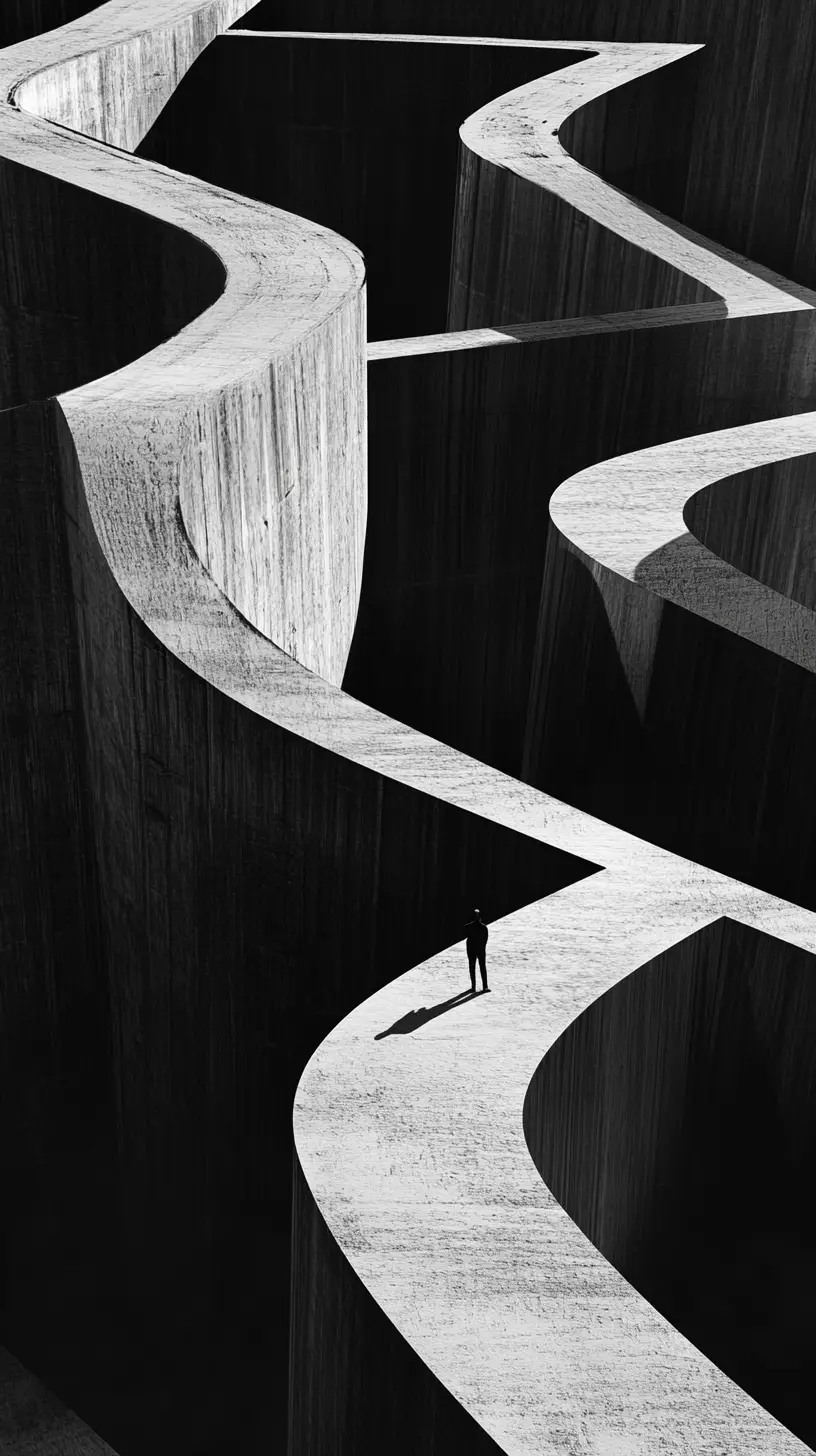 Solitary figure standing in vast architectural labyrinth