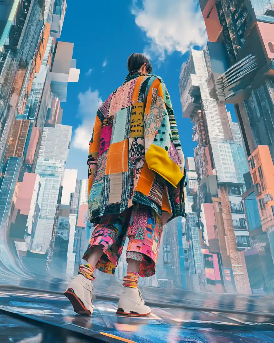 Surreal city street fashion with woman in patchwork coat