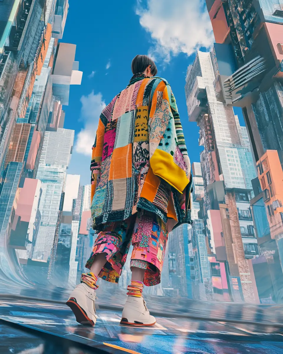 Surreal city street fashion with woman in patchwork coat
