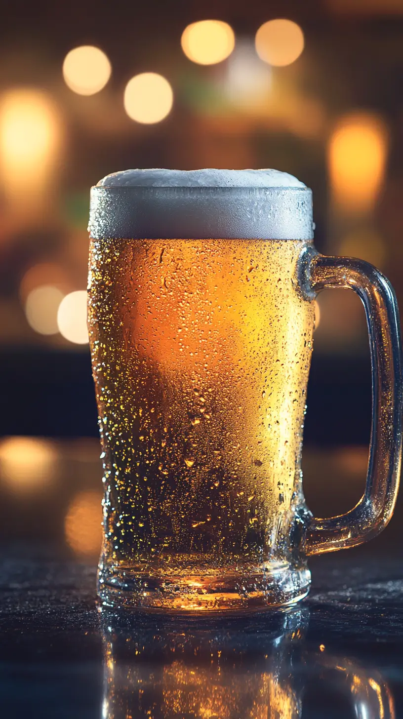 Frosty mug of golden beer on a glossy bar