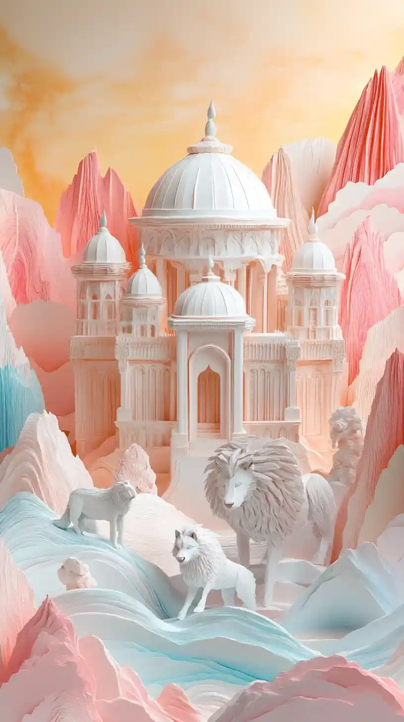 Paper Mountain Landscape With Marble Like Lion Statue