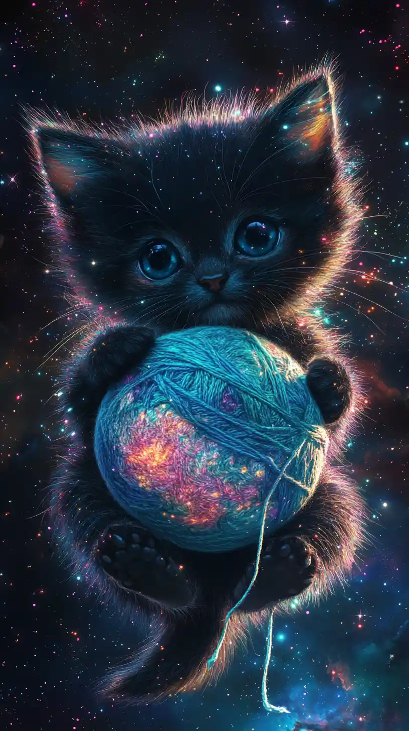 Cute cosmic kitten holding a tiny yarn earth in space