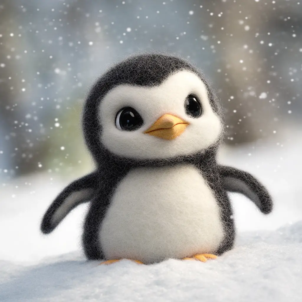 Cute felt baby penguin playing joyfully in the snow