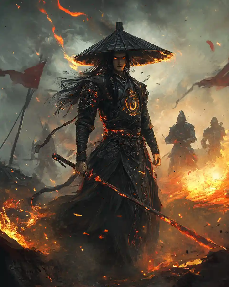 燃燒戰場廢墟中的黑暗奇幻武僧