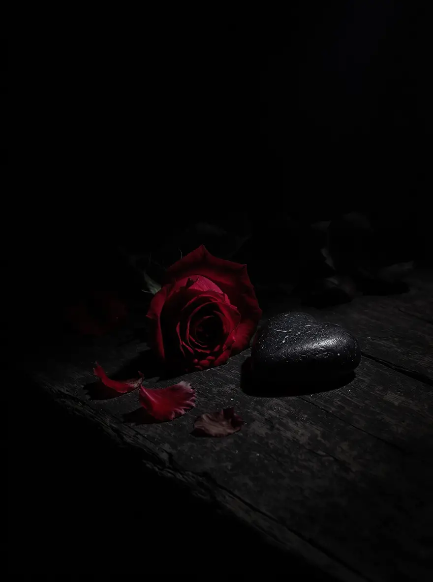 Wilting Rose And Stone Heart On Old Wooden Table