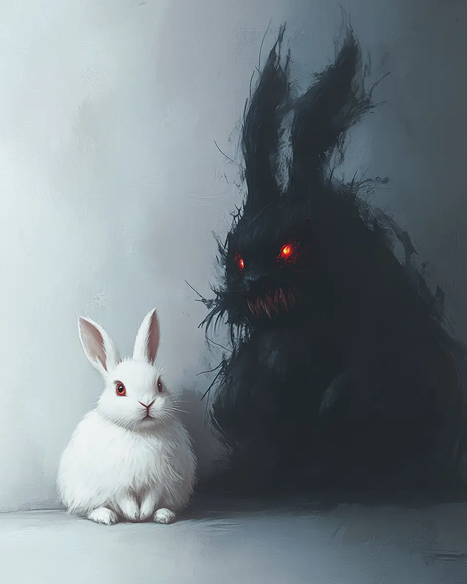 White rabbit with eerie monstrous shadow on gray wall