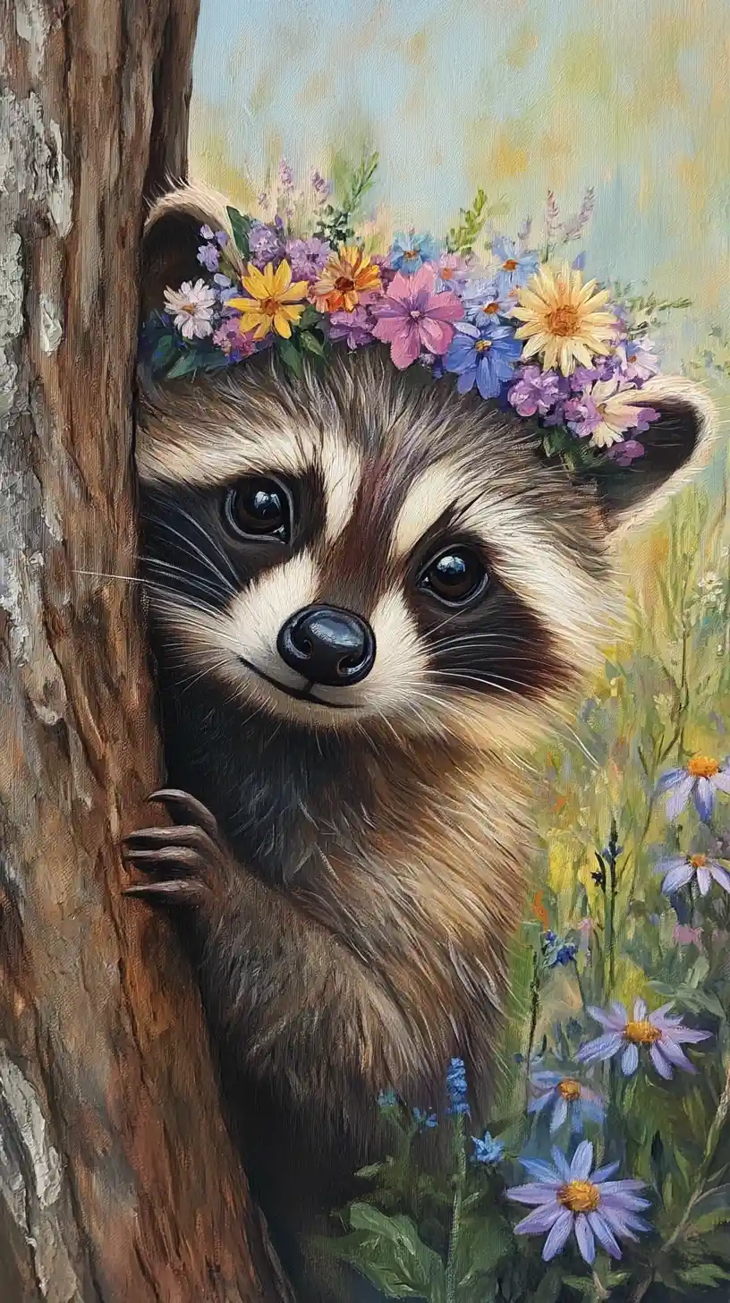 Cute raccoon with floral crown in spring meadow