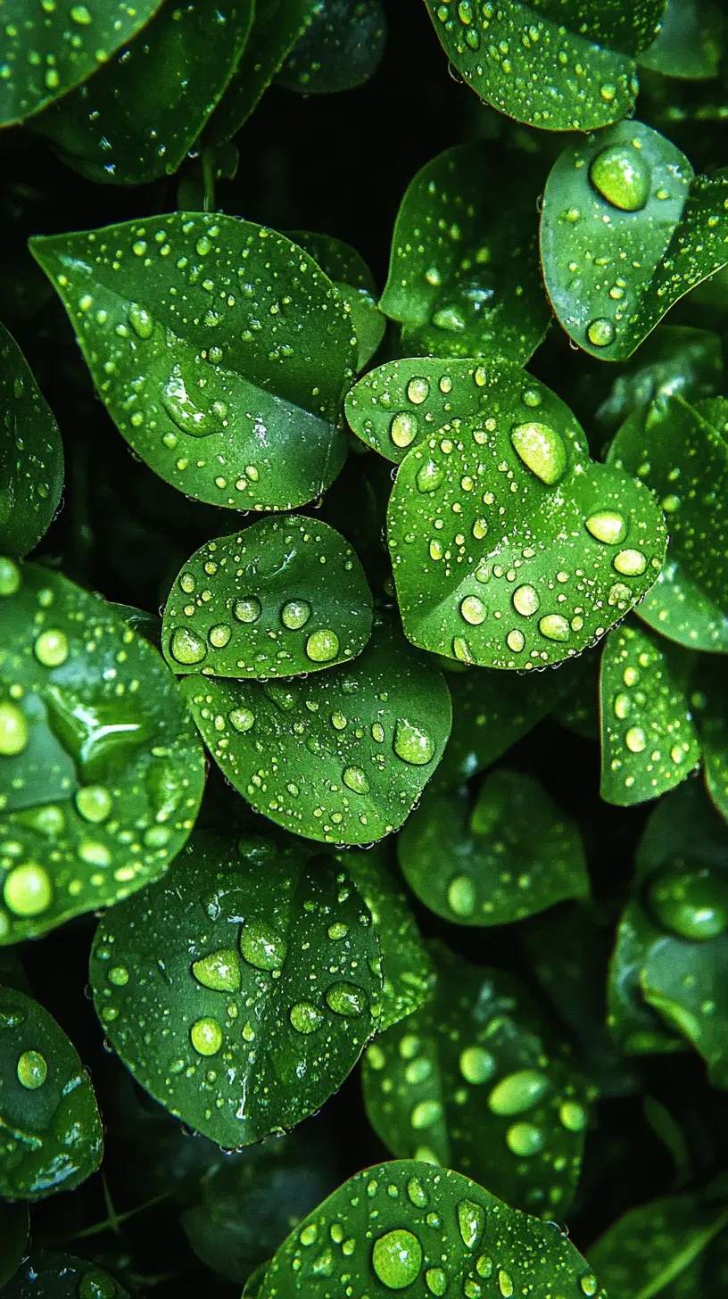 Close up of green leaves with glistening dew drops