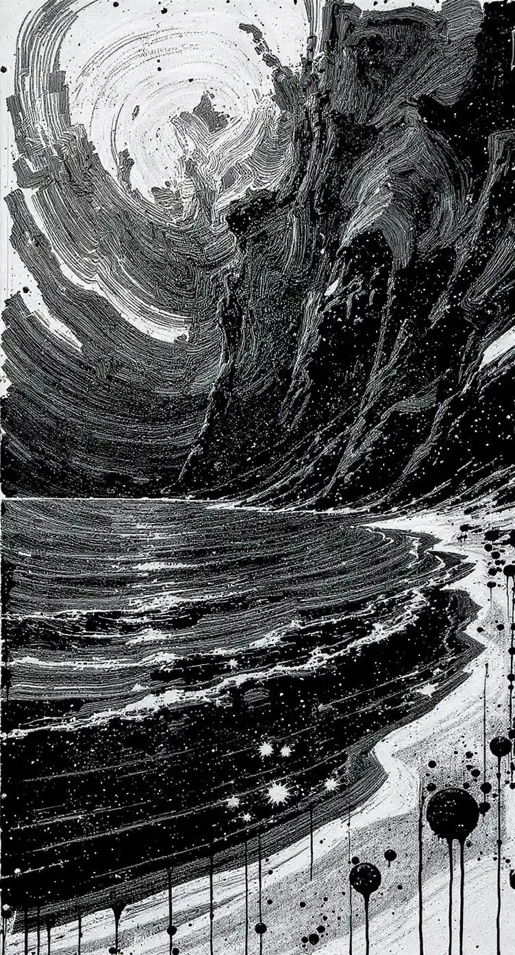 Abstract black beach dreamscape on white canvas