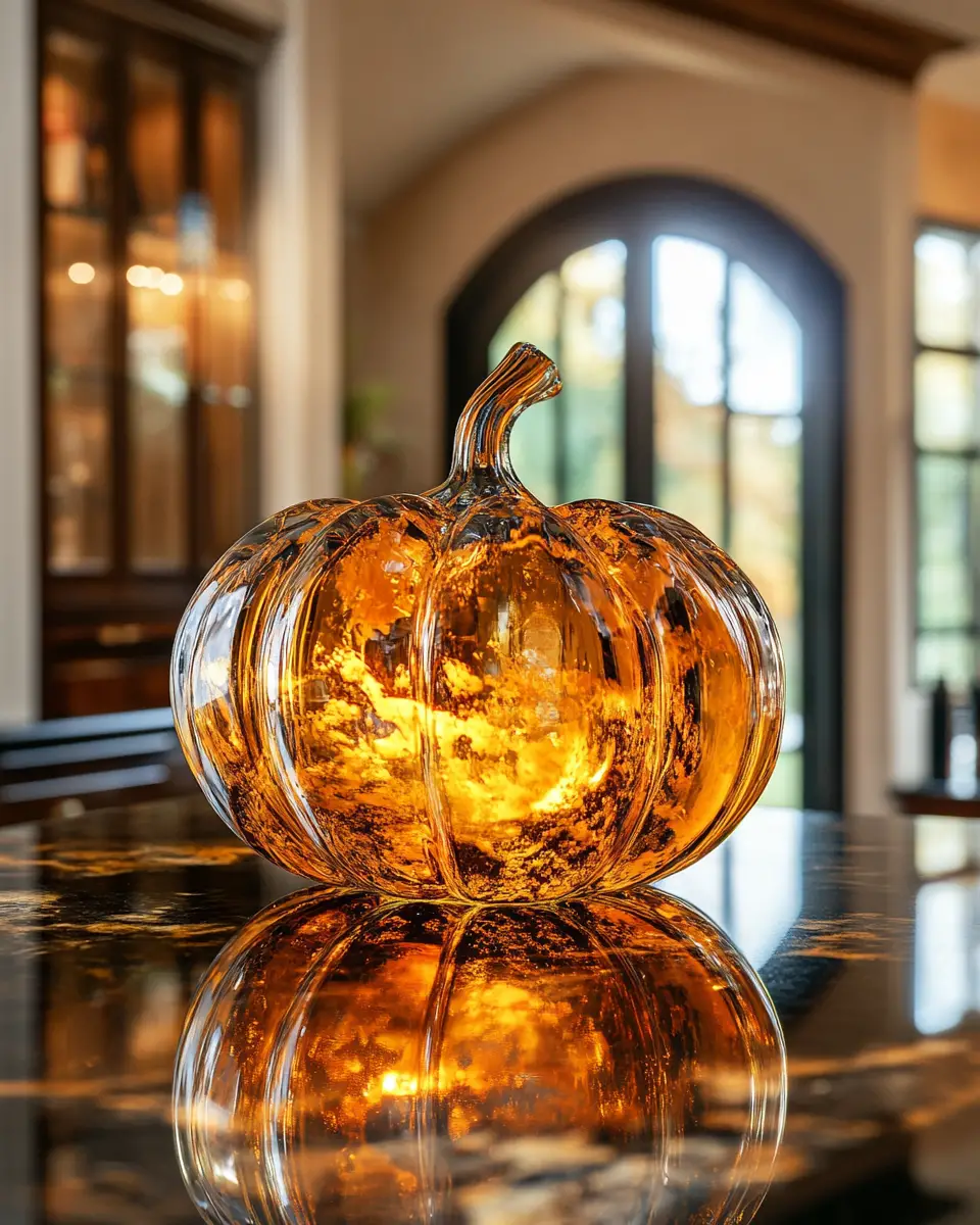 Backlit glass pumpkin on a dark indoor counter