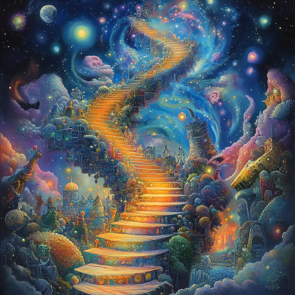 Surreal Iridescent Staircase Ascending Into A Cosmic Void