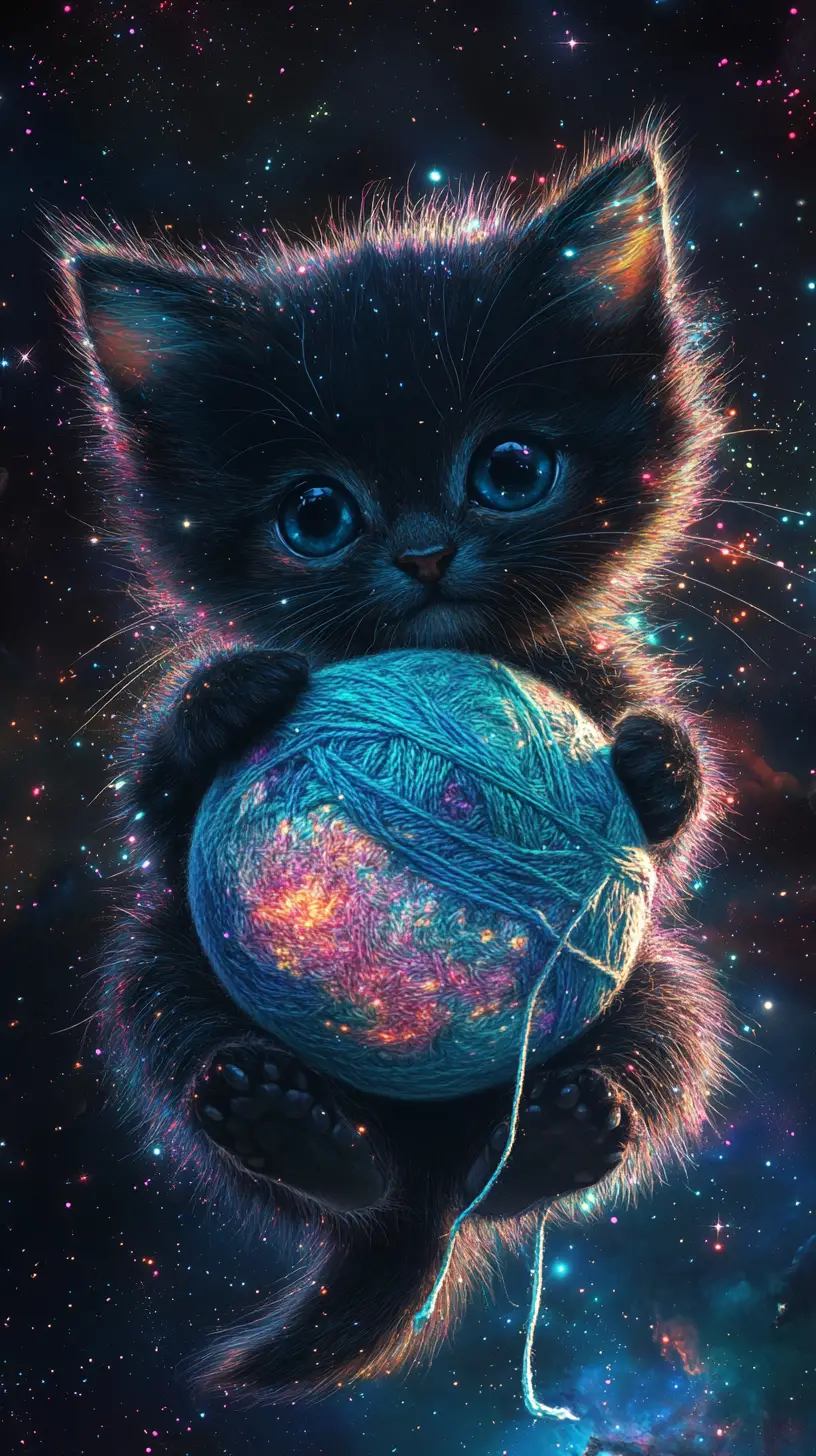 Cute cosmic kitten holding a tiny yarn earth in space