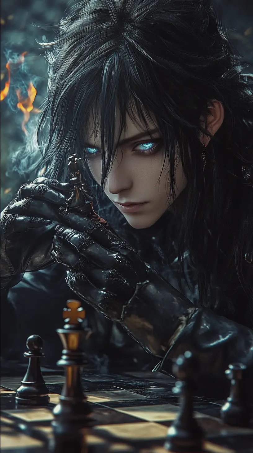 Intense close up of a young samurai playing chess