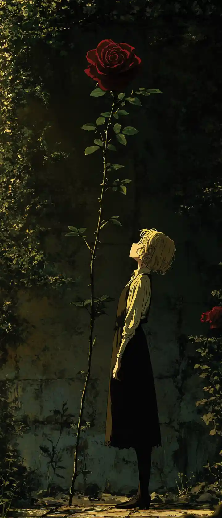 Vampire woman watering a dying gardener with magic tears
