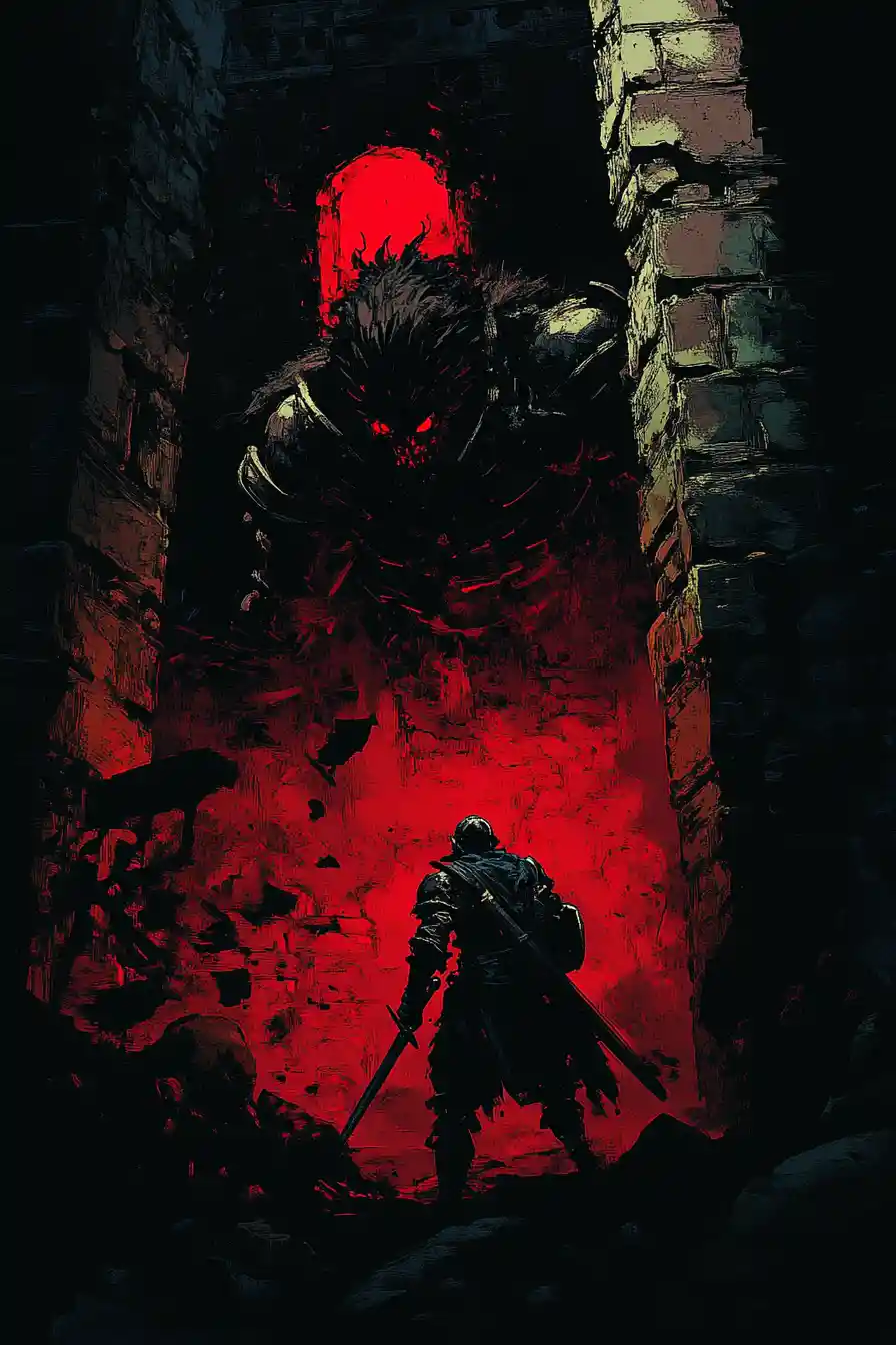 Lone knight battling a monstrous beast in dark combat
