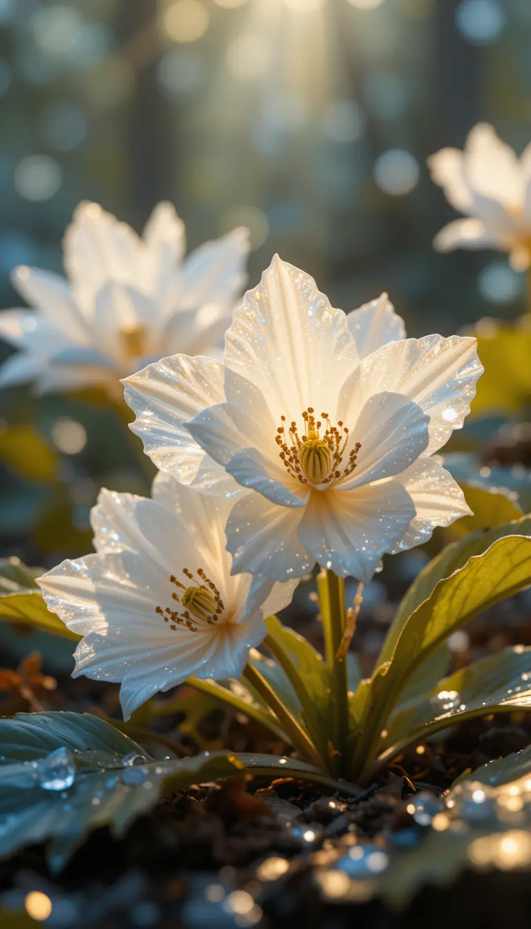 Close up cinematic view of surreal white orchid flowers