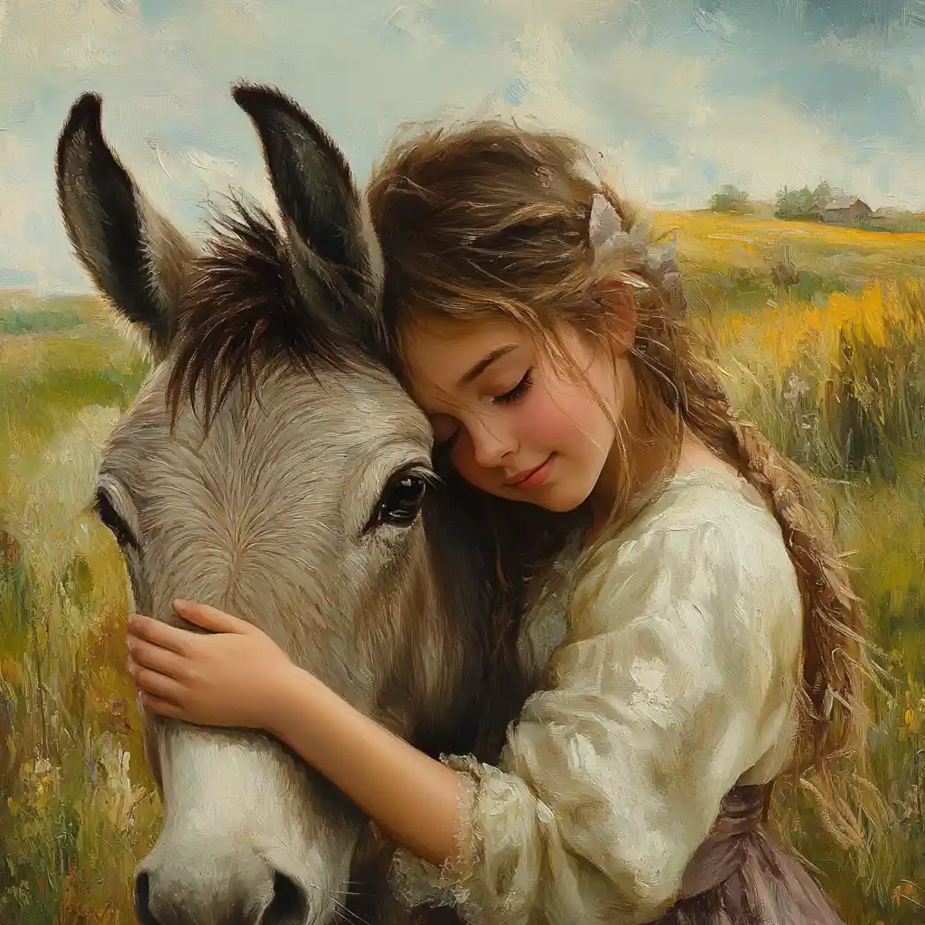 Girl Cuddling A Donkey In A Soft Oil Landscape