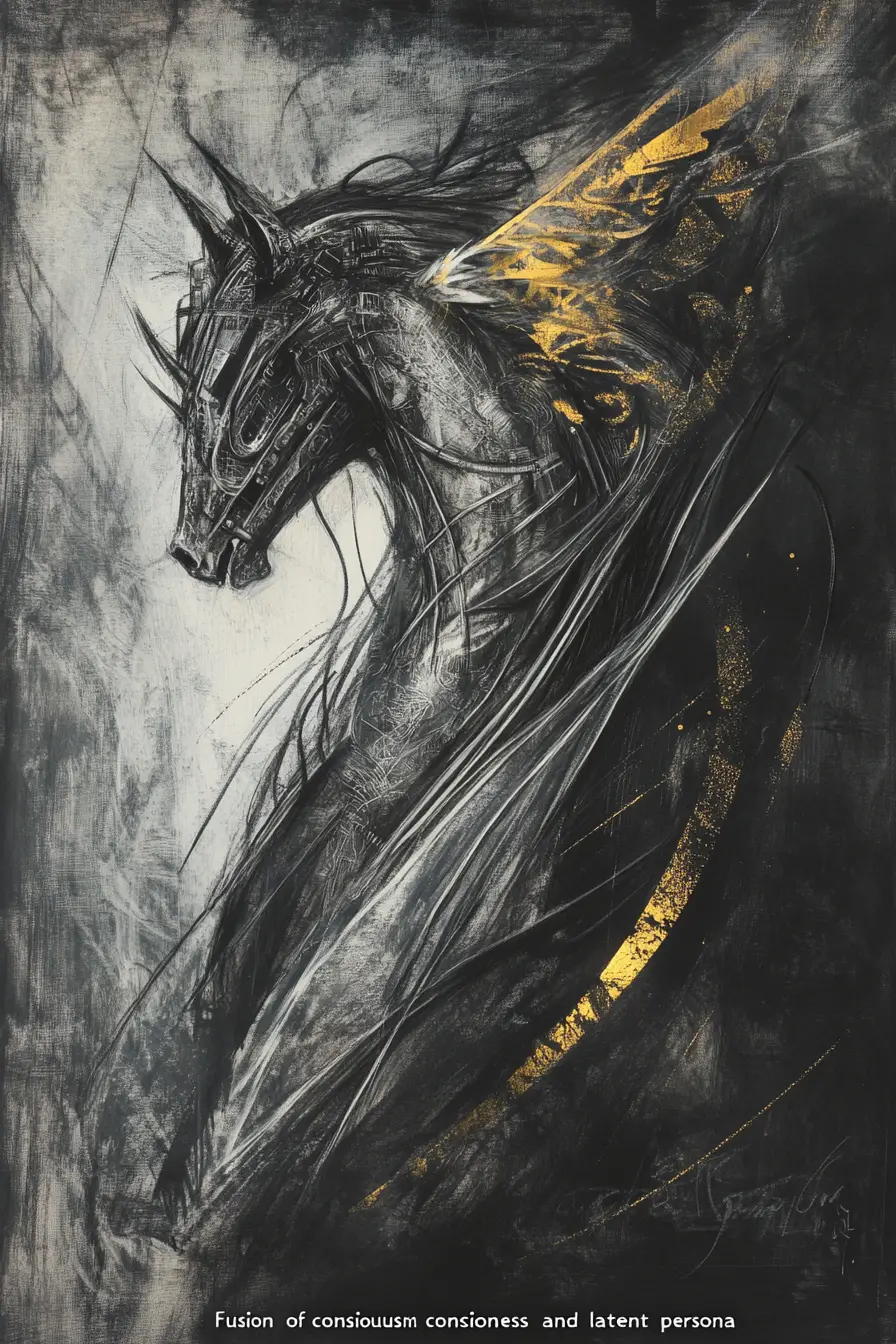 Charcoal centaur with mechanical wings in cosmic storm