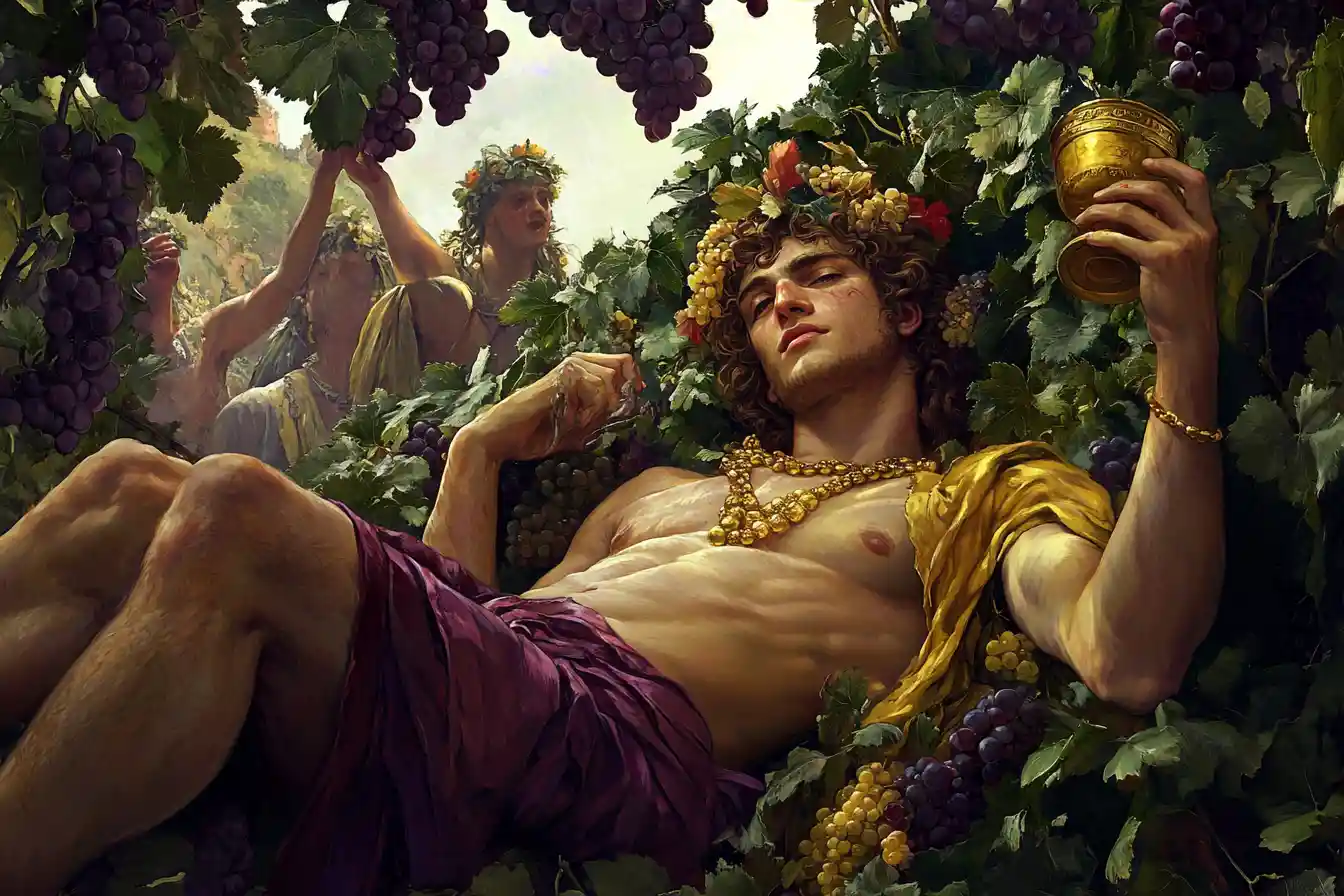Anime dionysus reclining in vineyard with golden goblet
