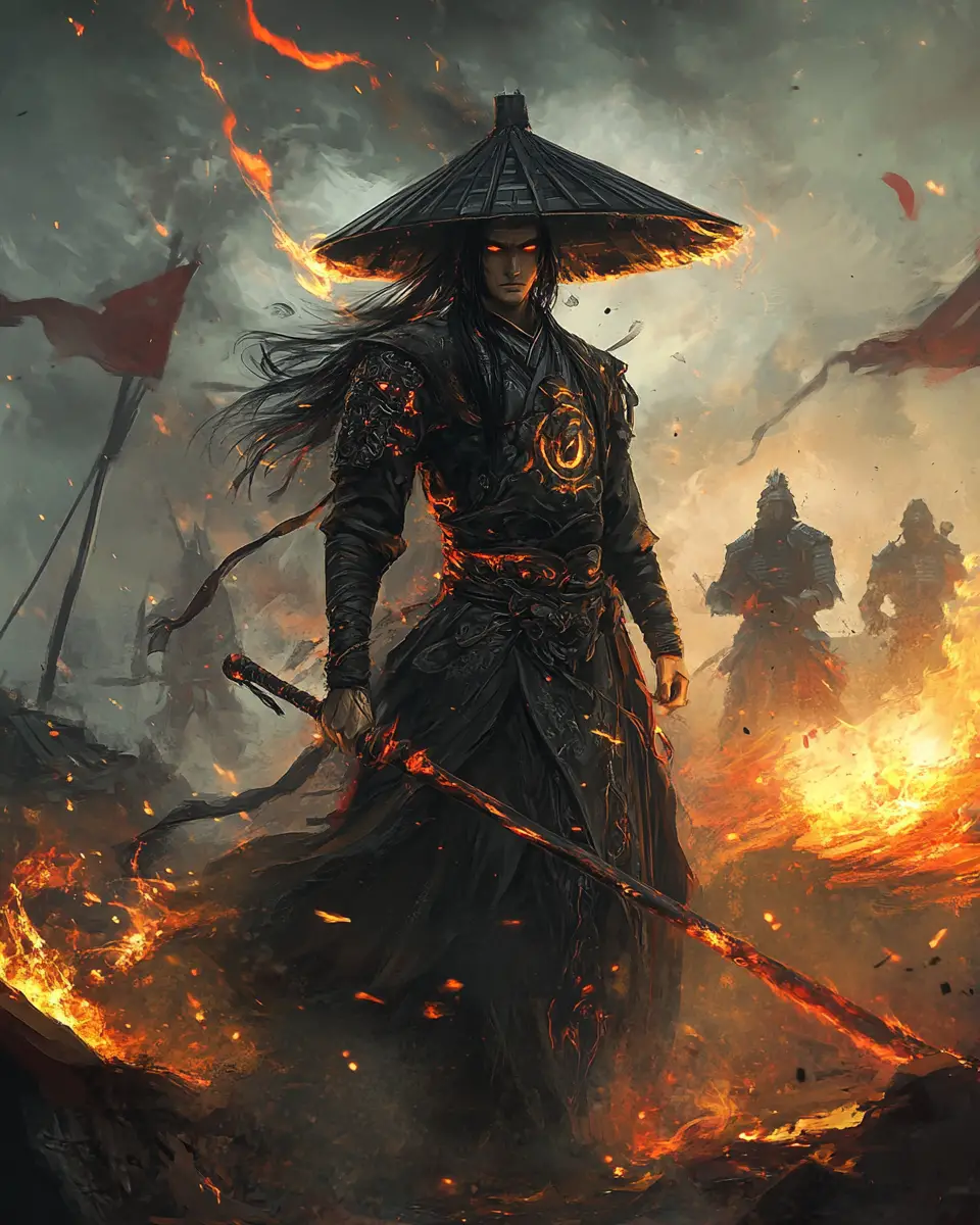 Dark Fantasy Warrior Monk Amid Burning Battlefield Ruins