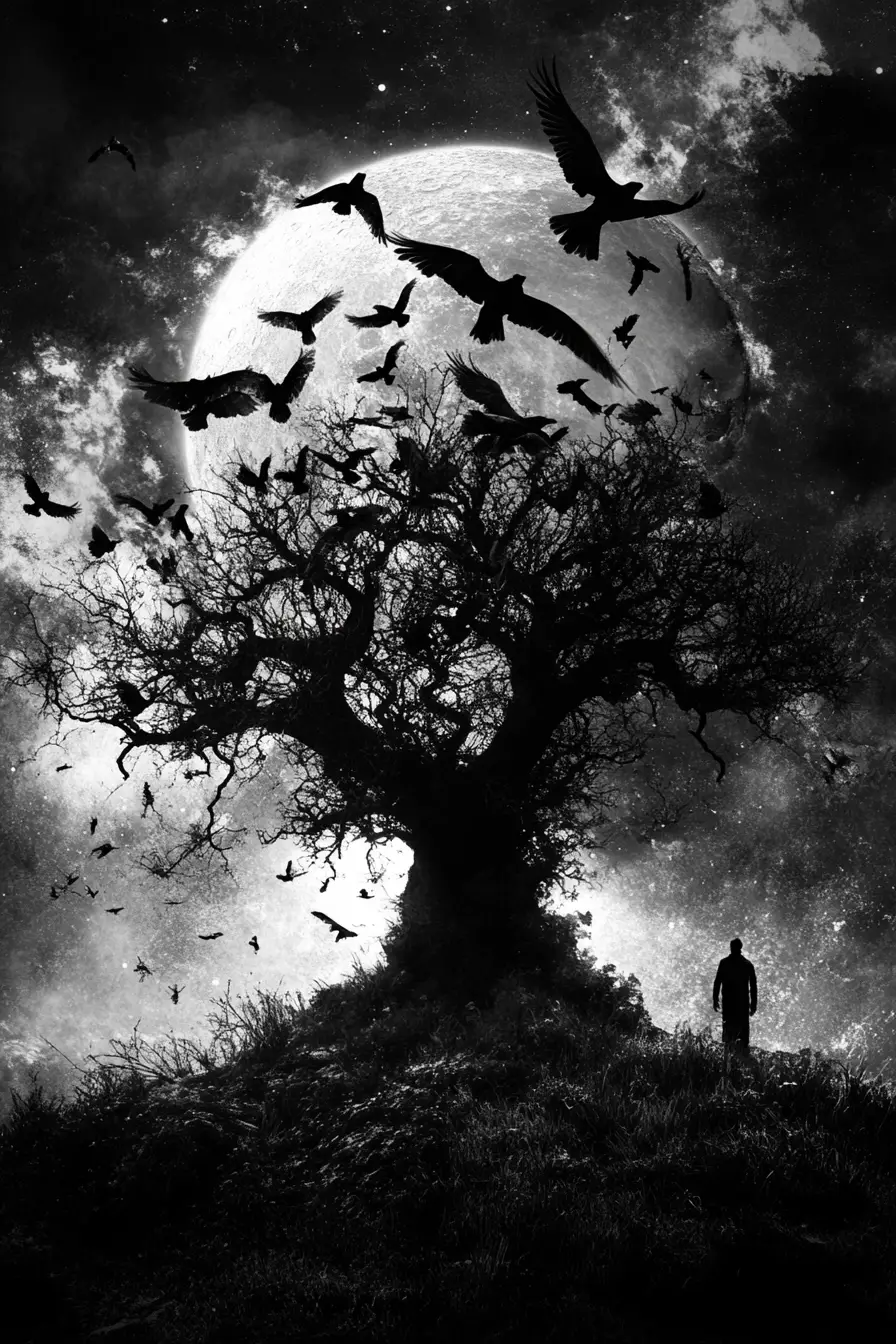 Monochrome Haunted Tree With Crows Under A Clouded Moon