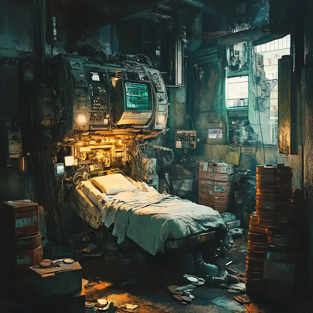Family living room transforming into dystopian medical wasteland