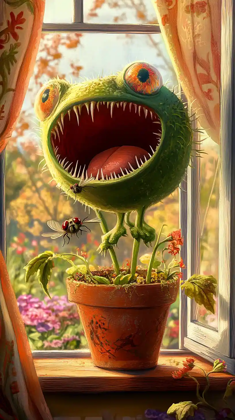 Carnivorous plant eating a fly on a sunny windowsill