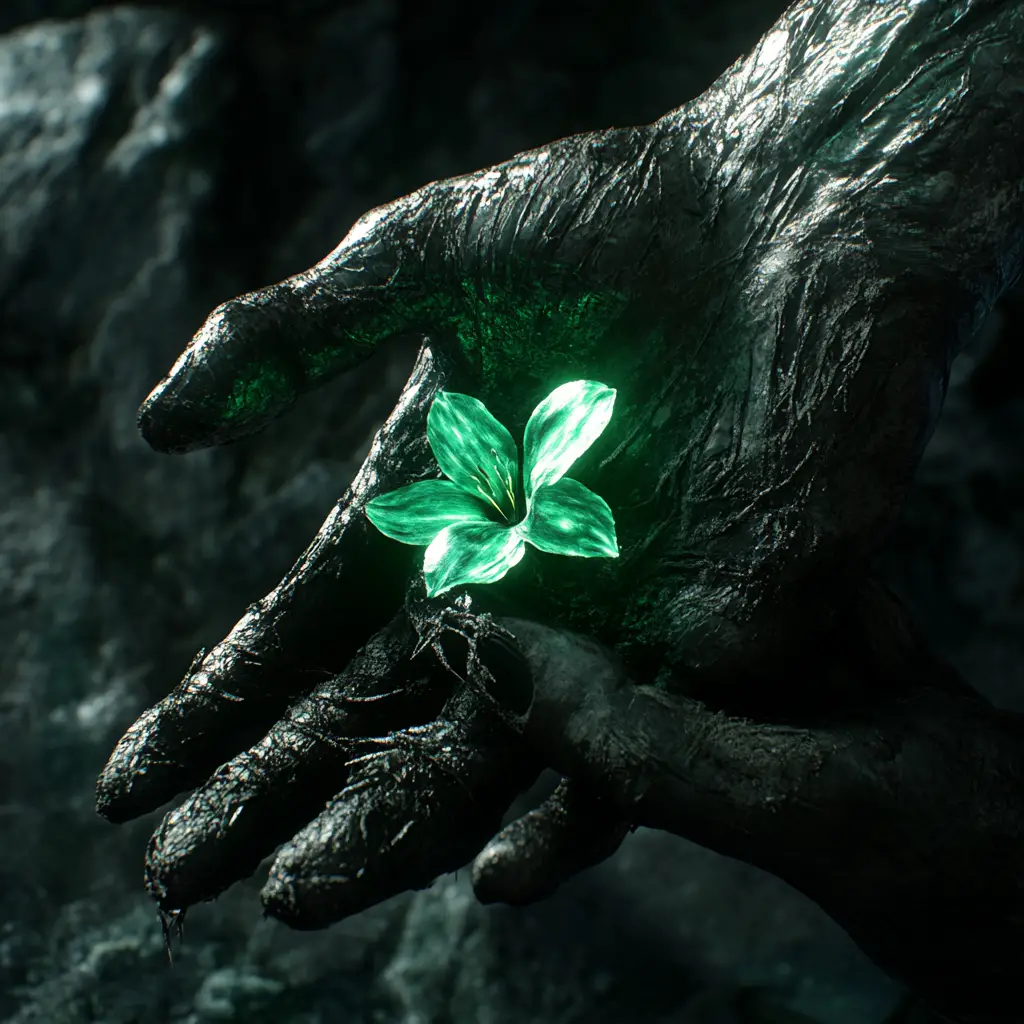 Close up of glowing hands exchanging a radiant flower