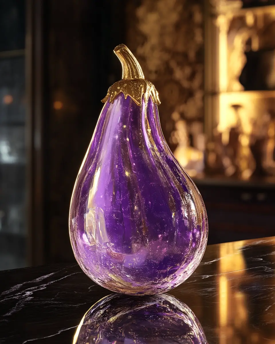 Purple glass eggplant glowing on dark counter by window
