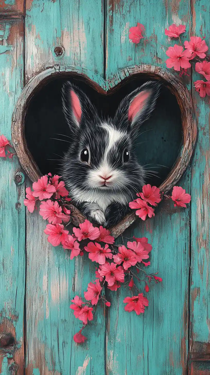 Cute black and white rabbit peeking from wooden heart frame