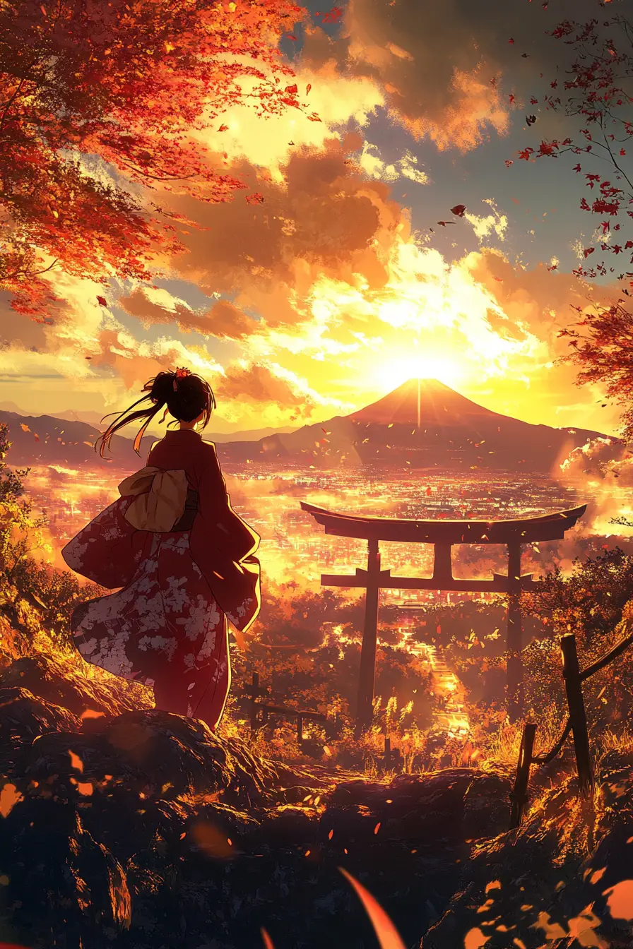 Anime sun goddess emerging over sacred mountain torii