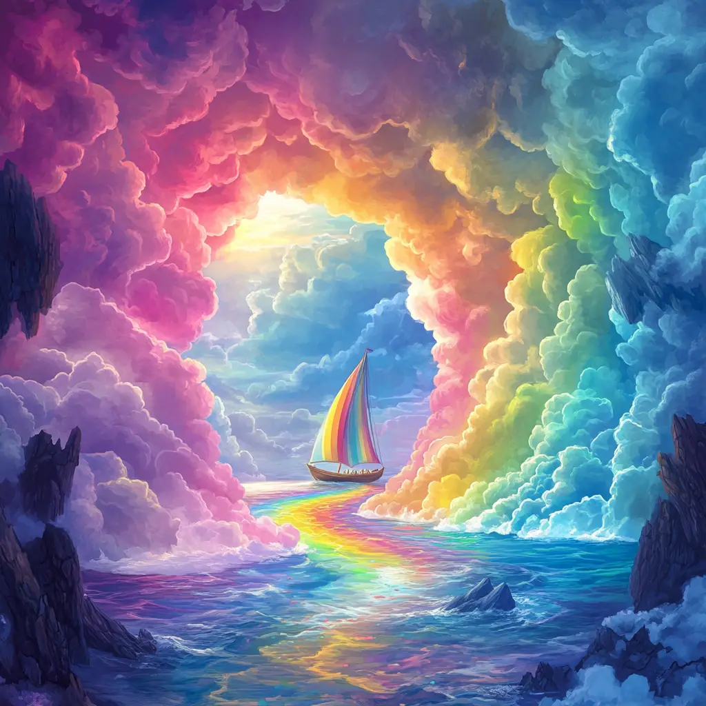 Rainbow sailboat drifting through surreal colorful cloud tunnel