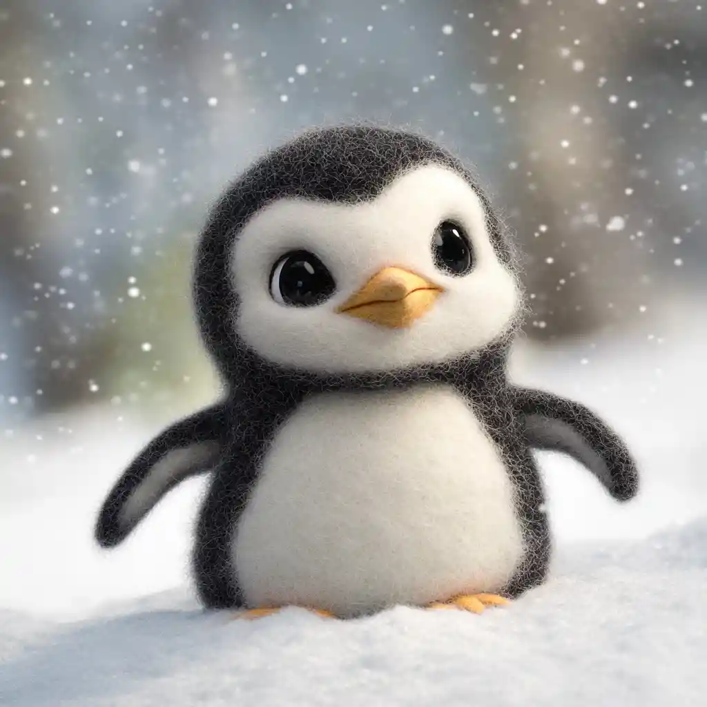 Cute felt baby penguin playing joyfully in the snow