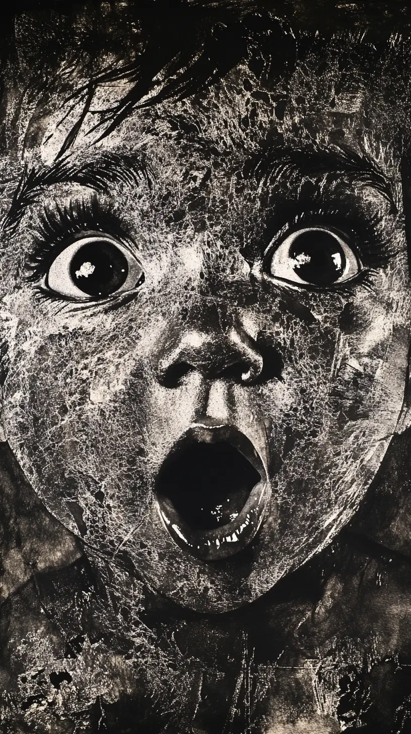 Expressive ink portrait of a surprised toddler face
