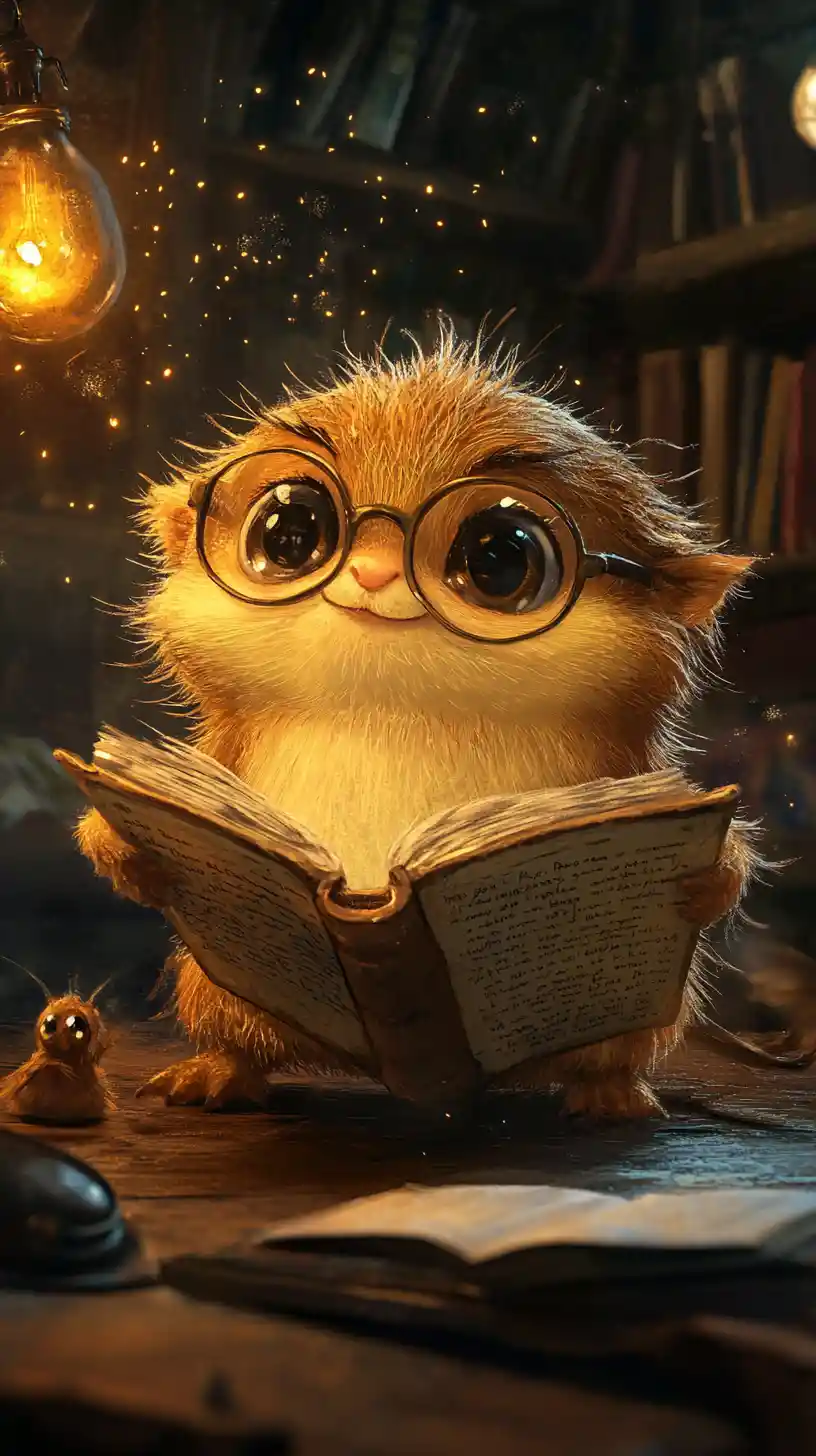 Cheerful bookworm creature in warm lamplit old room