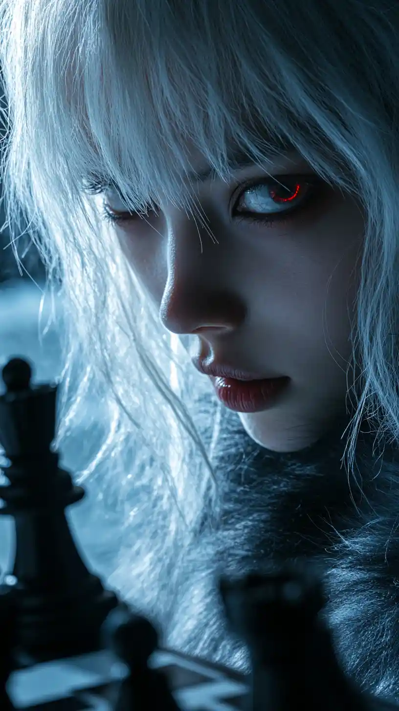 Close up anime girl playing chess at the board