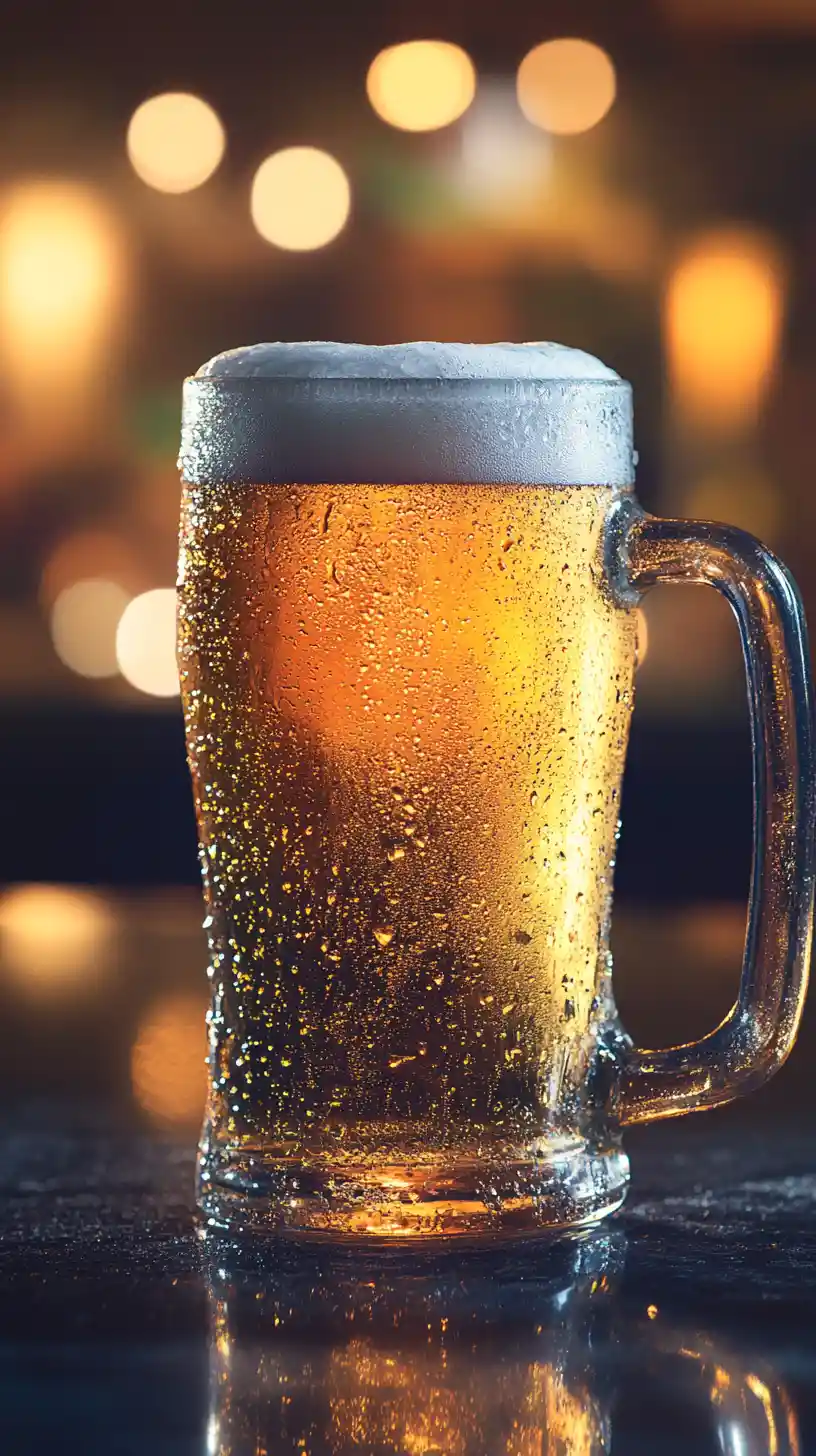 Frosty mug of golden beer on a glossy bar
