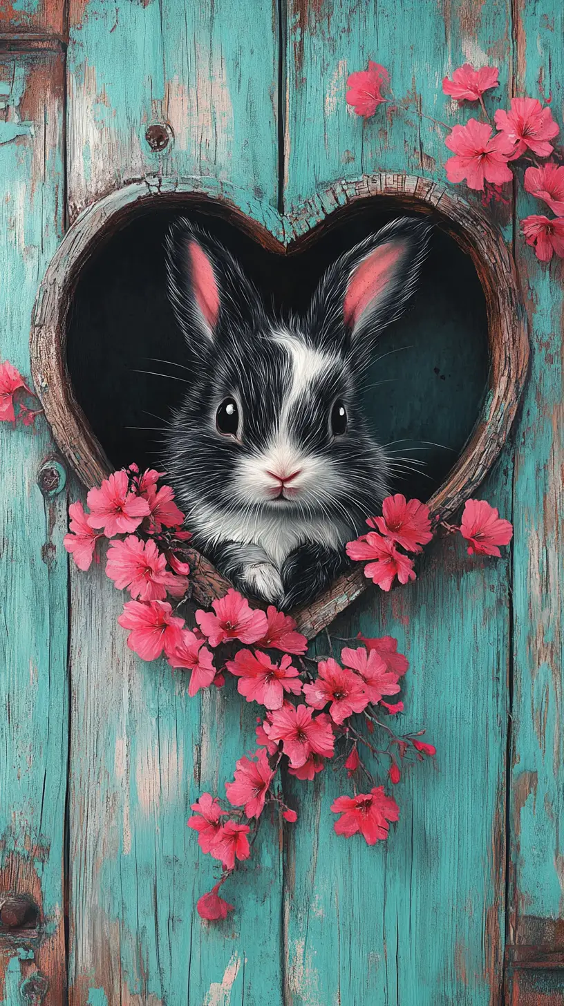 Cute black and white rabbit peeking from wooden heart frame