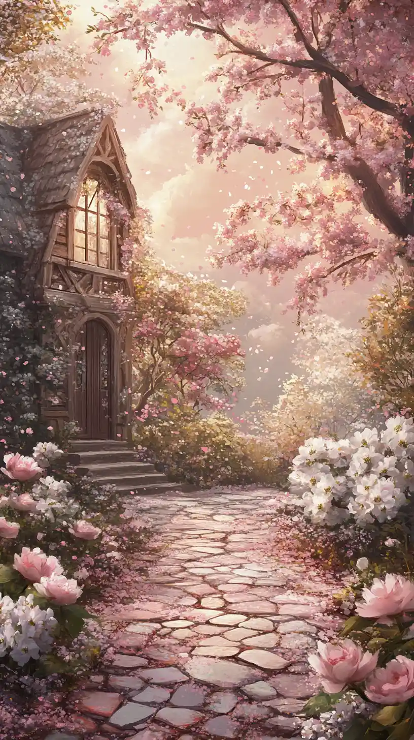 Sentier de jardin magique menant à une vieille maison décorative