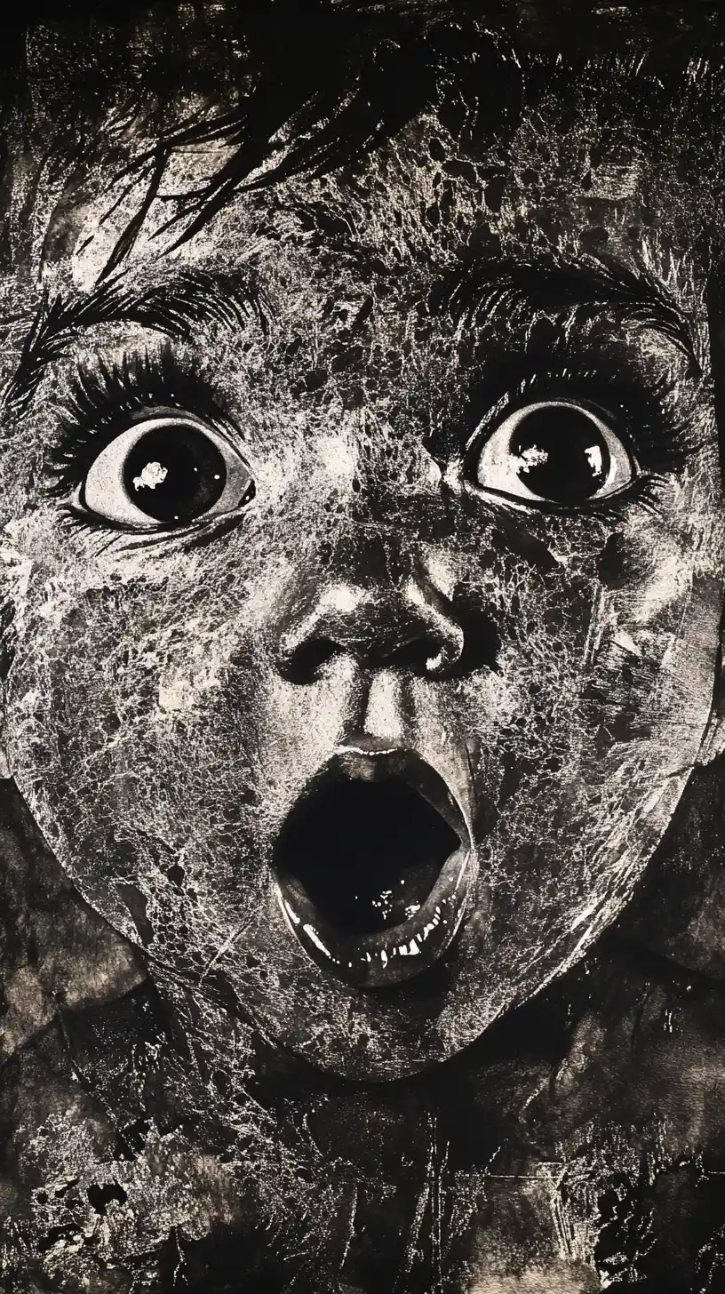 Expressive ink portrait of a surprised toddler face