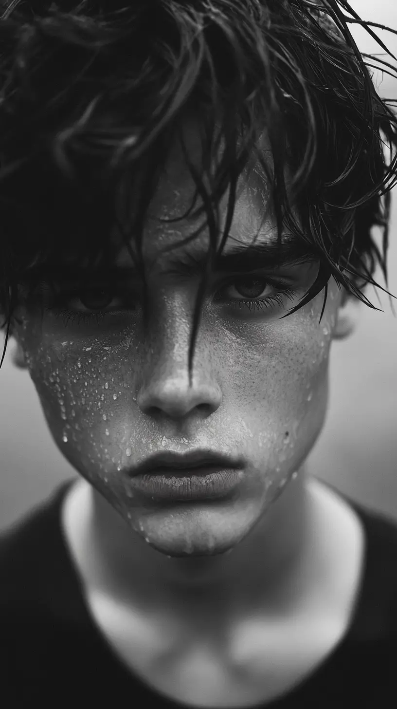 Close up monochrome portrait of a wet teenage boy