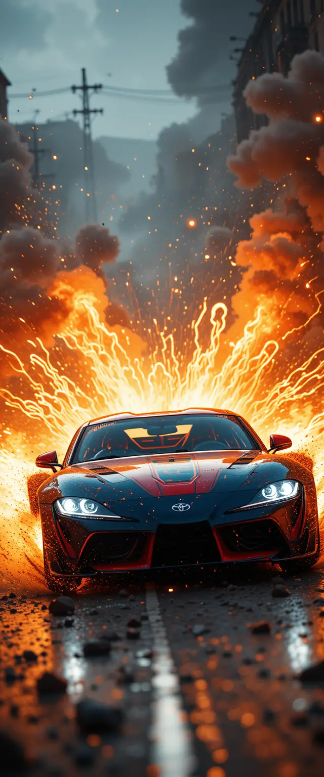 Racing supra car bursts through fiery explosive track