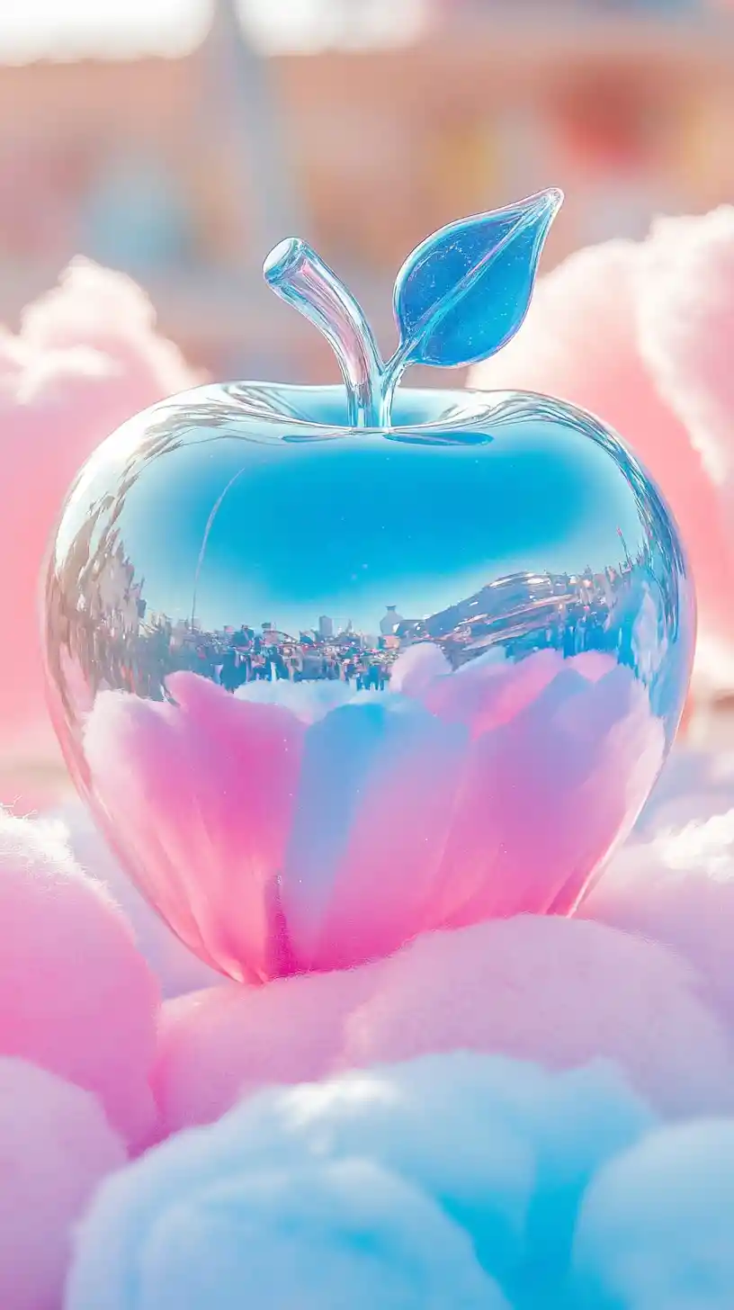 Glass apple on cotton candy table at summer fair