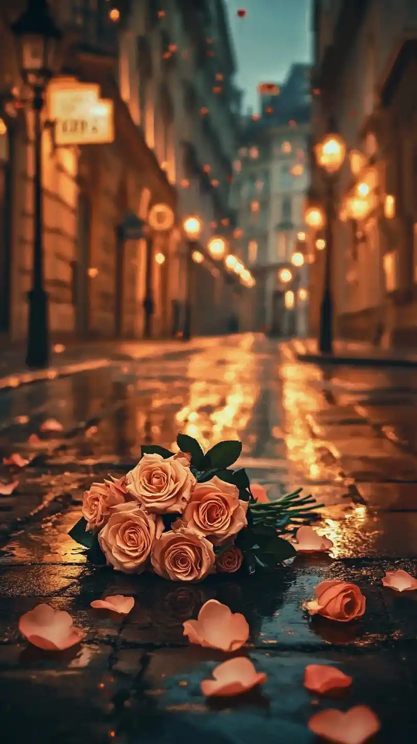 Bouquet Of Roses On Wet City Street At Night
