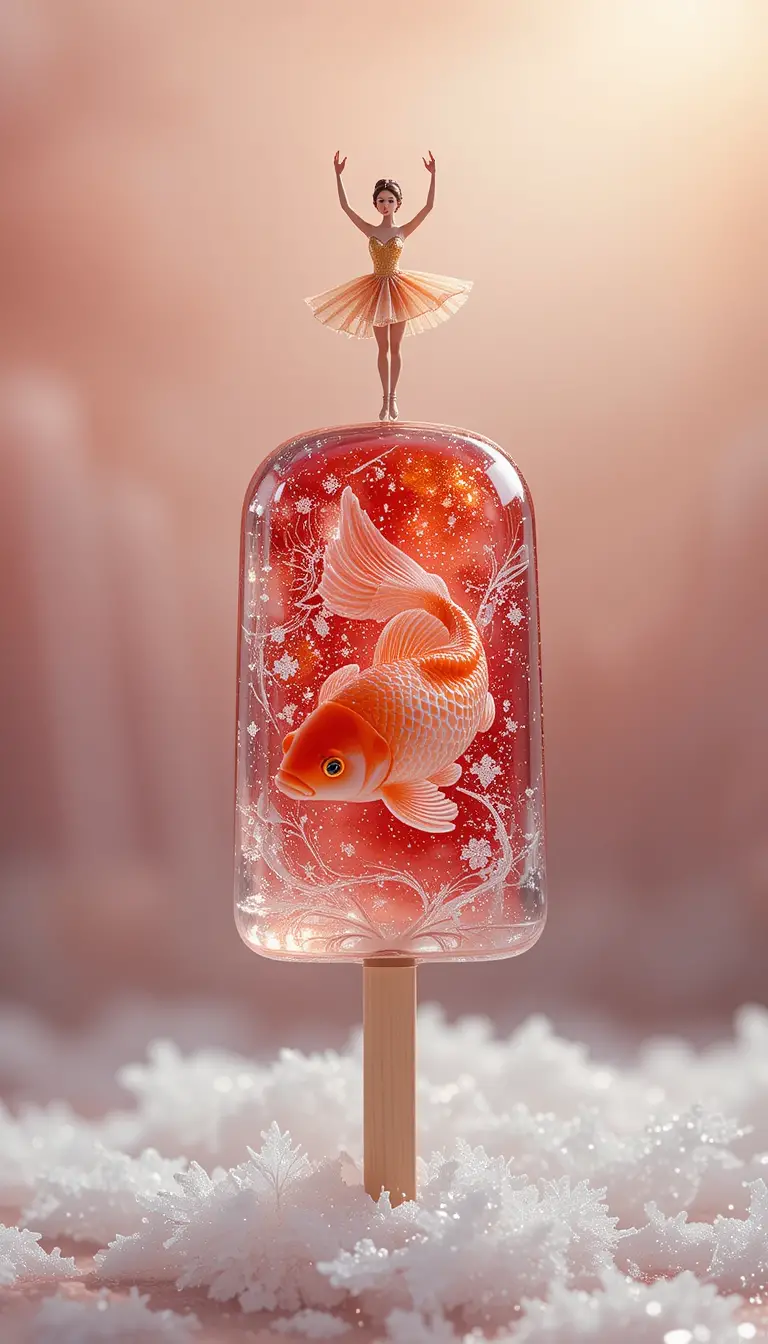 Ruby red popsicle with tiny koi fish and ballerina