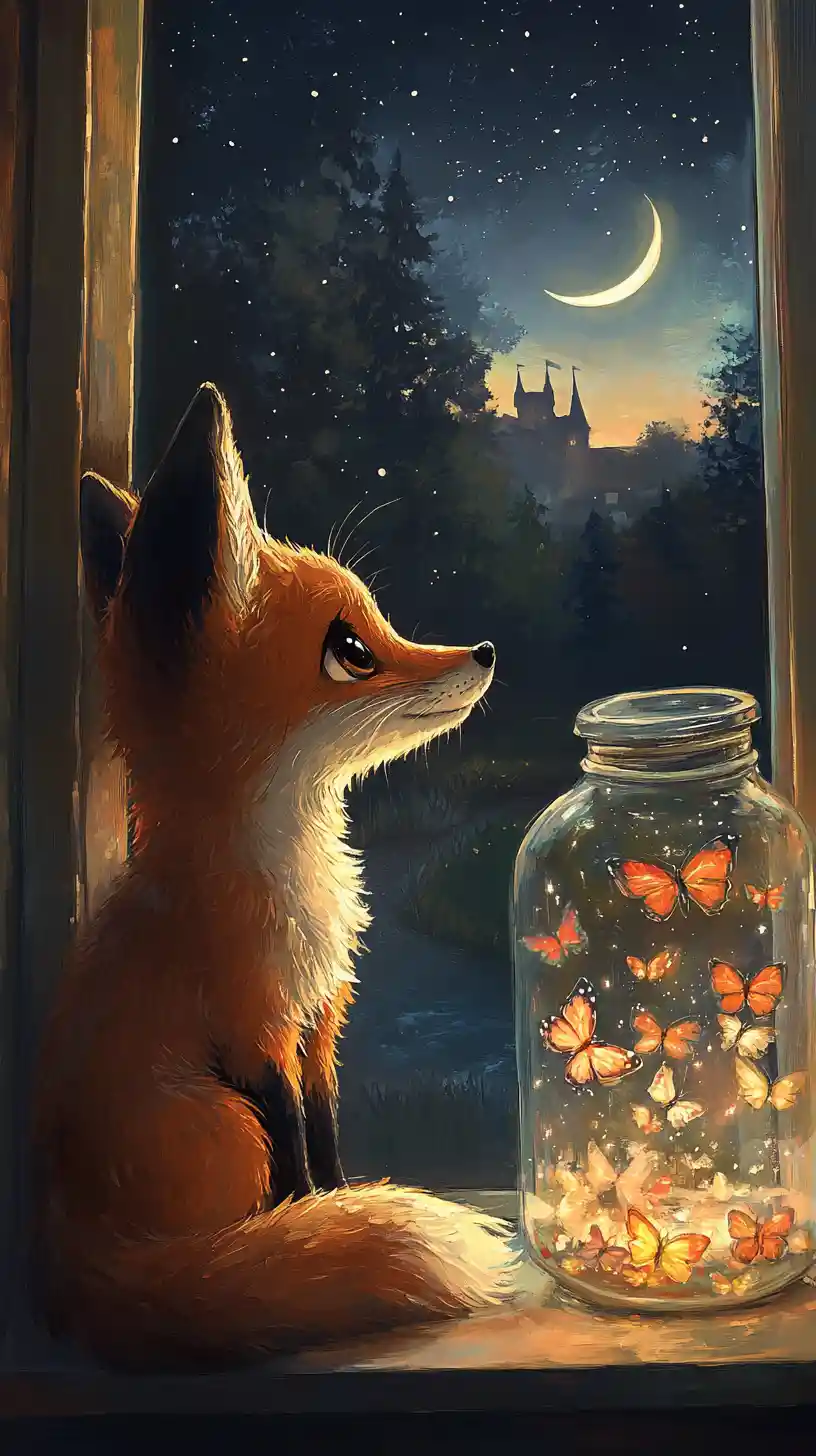 Curious fox gazing into glowing butterfly jar at night