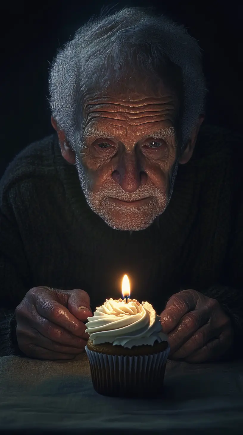 Old man with birthday cupcake in warm candlelight