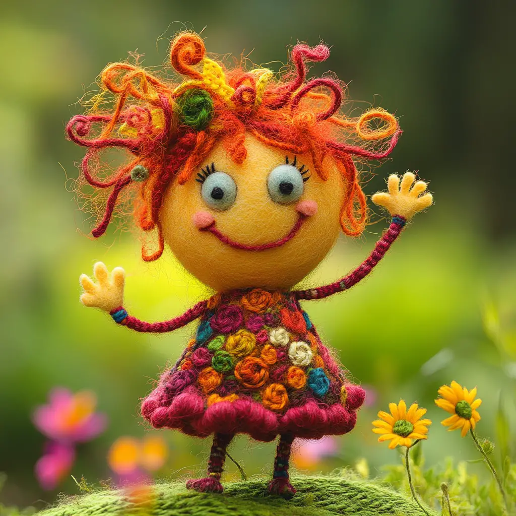 Playful Felted Cartoon Character In A Colorful Wool Garden