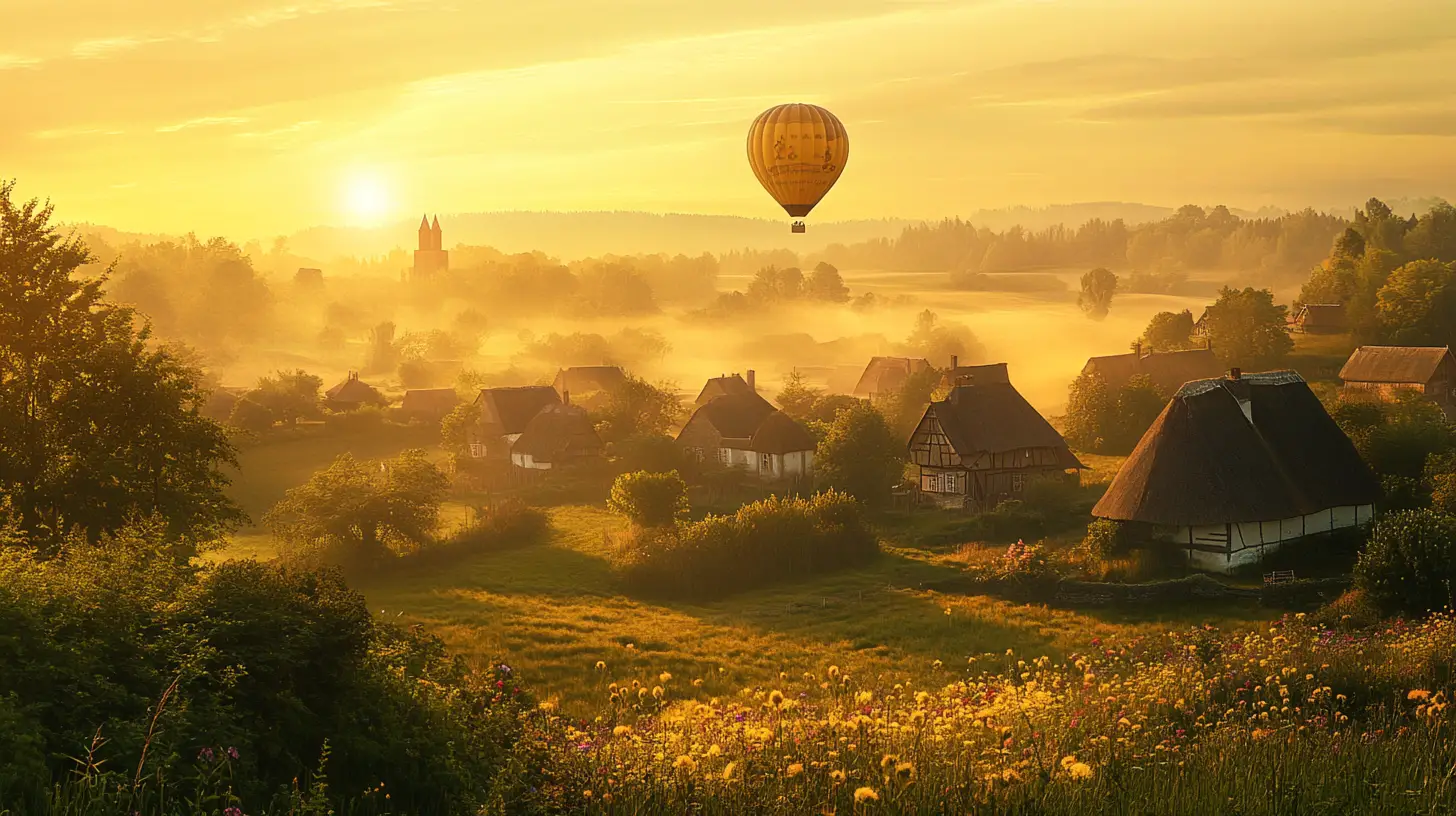 Hot air balloon over cottages at sunrise in countryside
